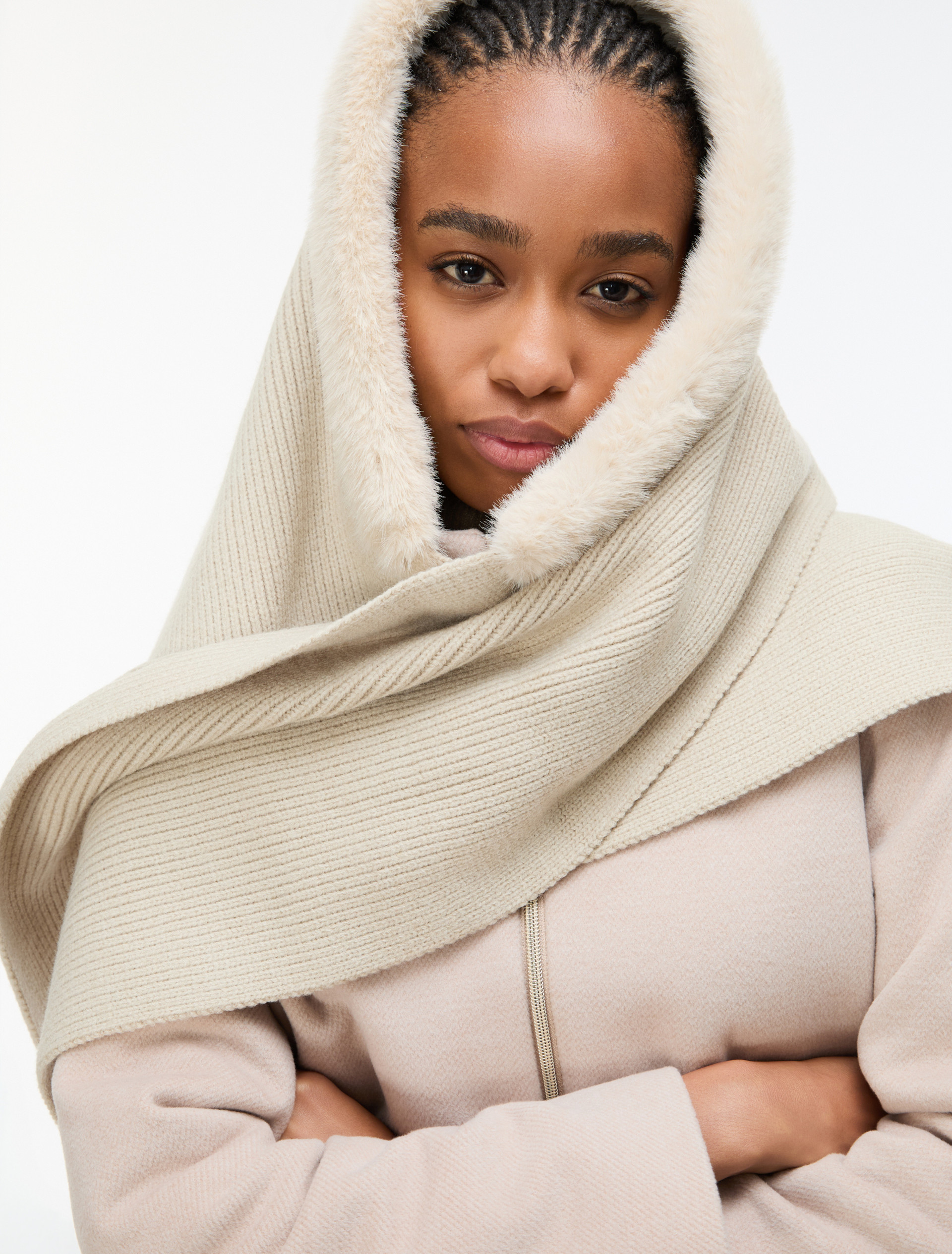 Hooded scarf with furry trim - CREAM - Emme - 1