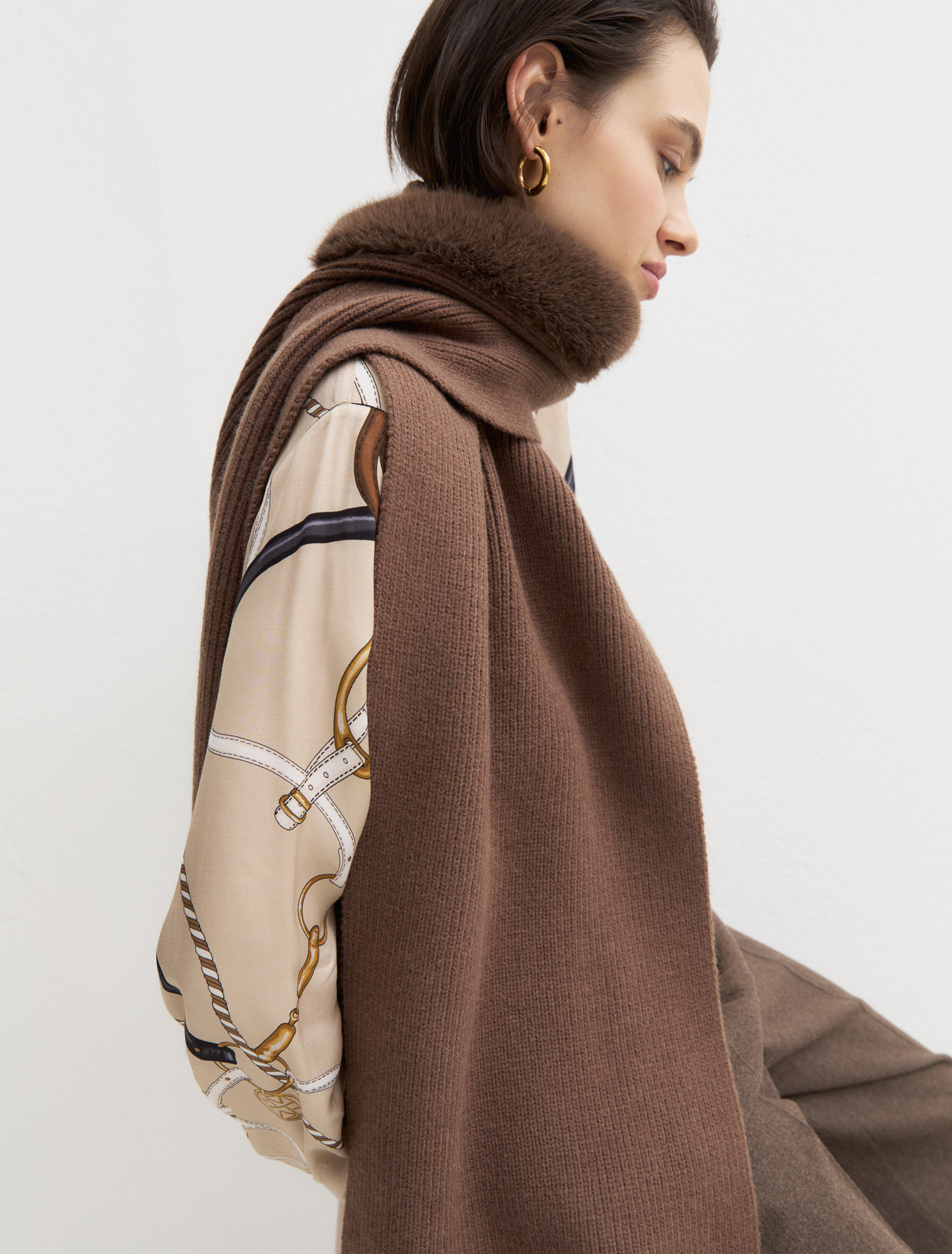Hooded scarf with furry trim - BROWN - Emme - 1