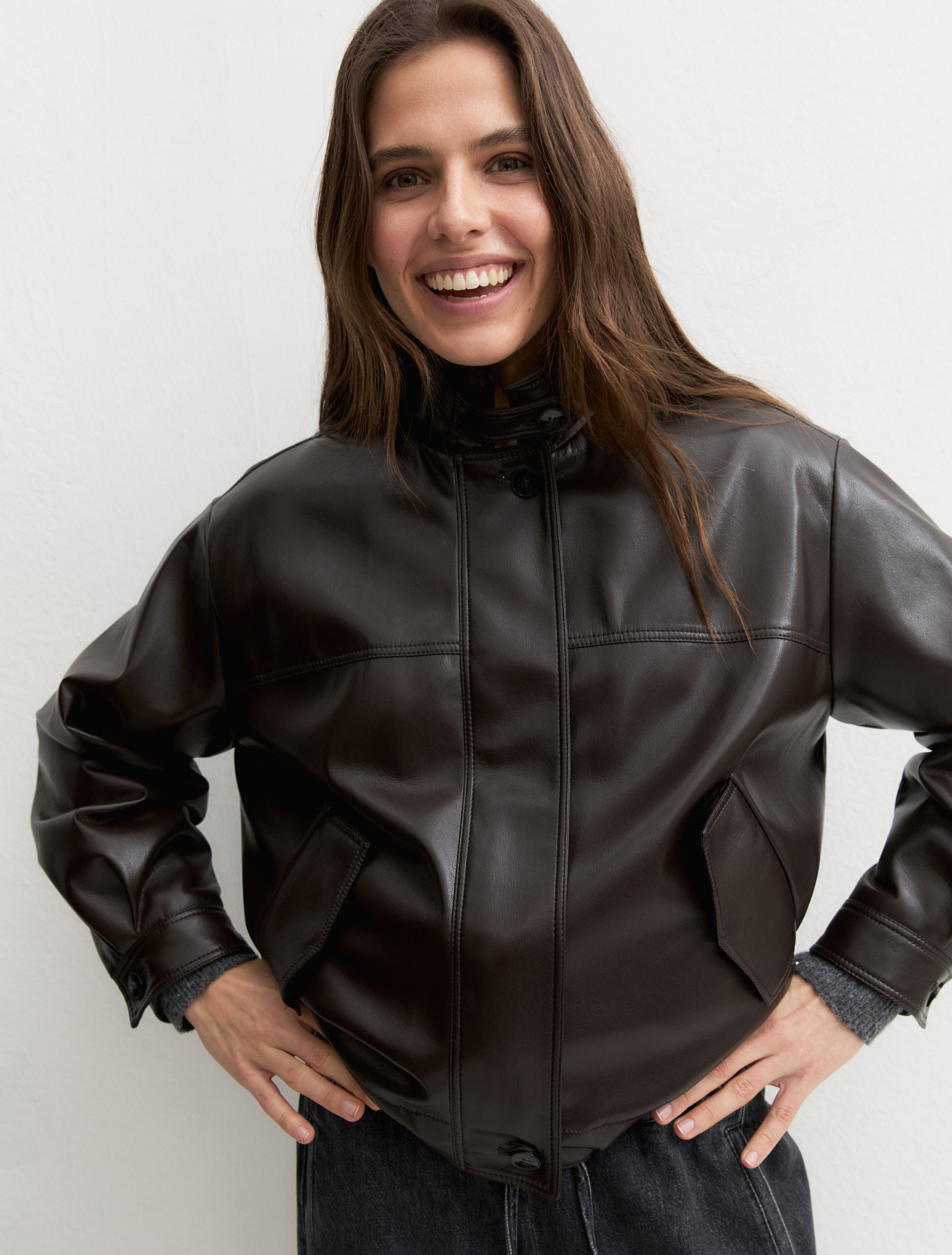 Oversized coated jersey bomber jacket - DARK BROWN - Emme - 4