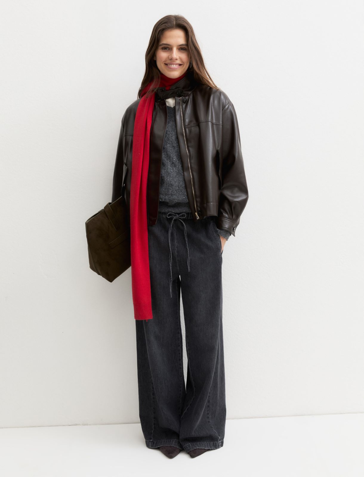 Oversized coated jersey bomber jacket - DARK BROWN - Emme