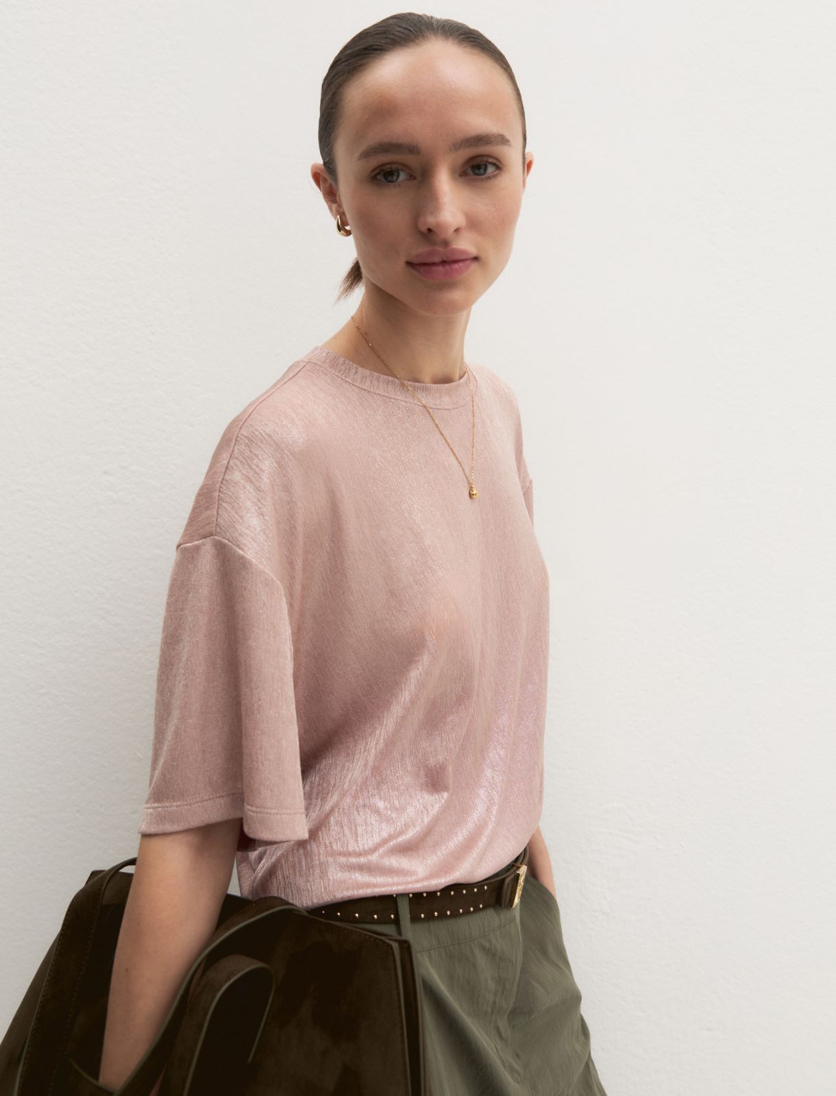 Boxy crinkle-finish jersey T-shirt - PINK - Emme - 3