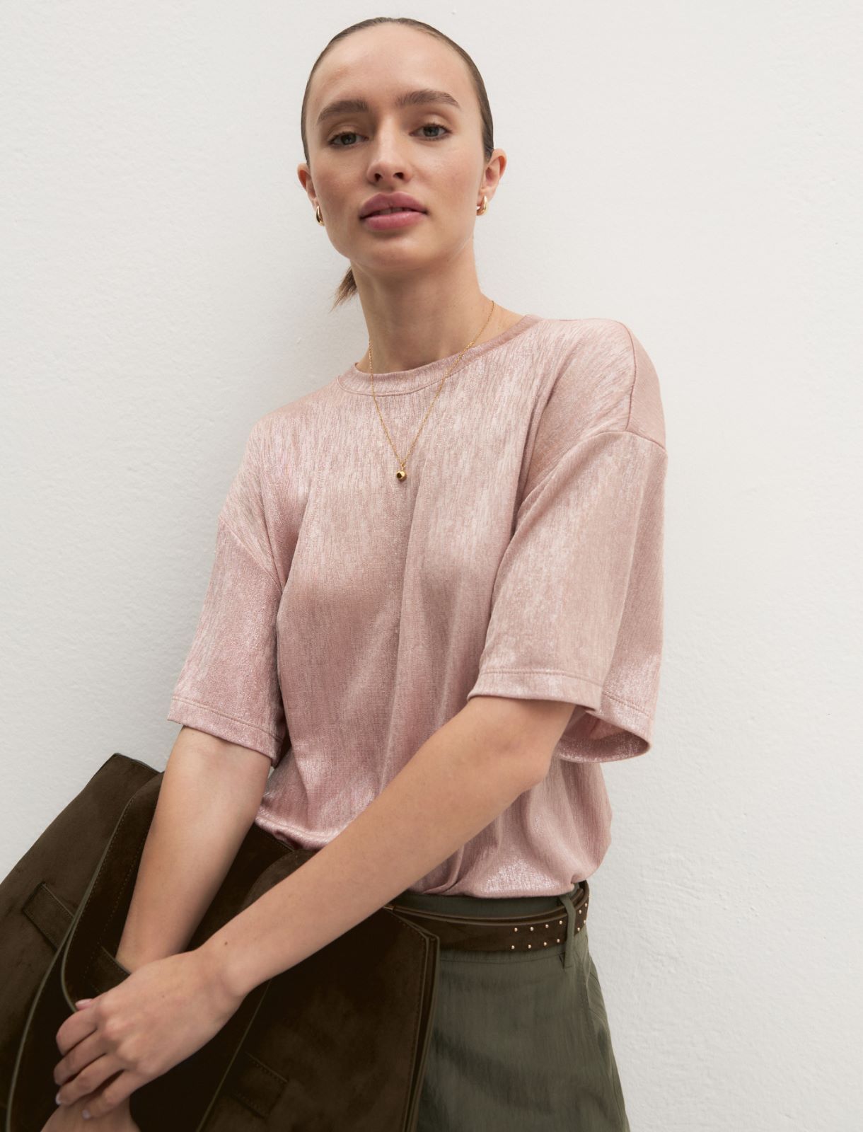 Boxy crinkle-finish jersey T-shirt - PINK - Emme - 4