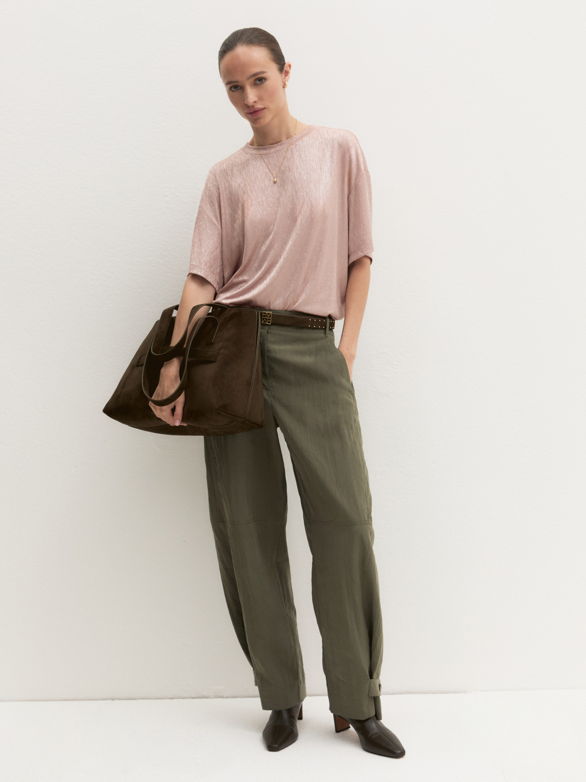 Boxy crinkle-finish jersey T-shirt - PINK - Emme - 1